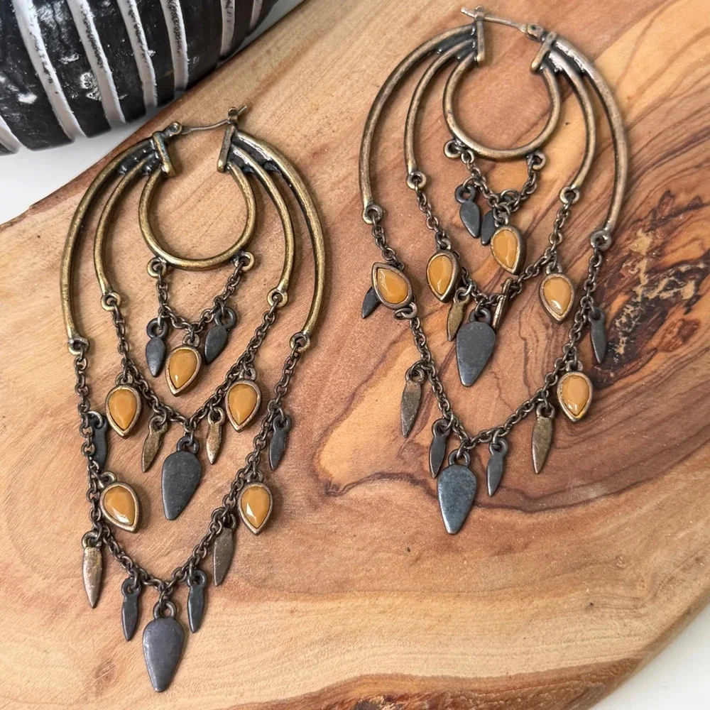Chandelier Hoop Earrings Womens Bronze Amber Tiered Boho Statement OS